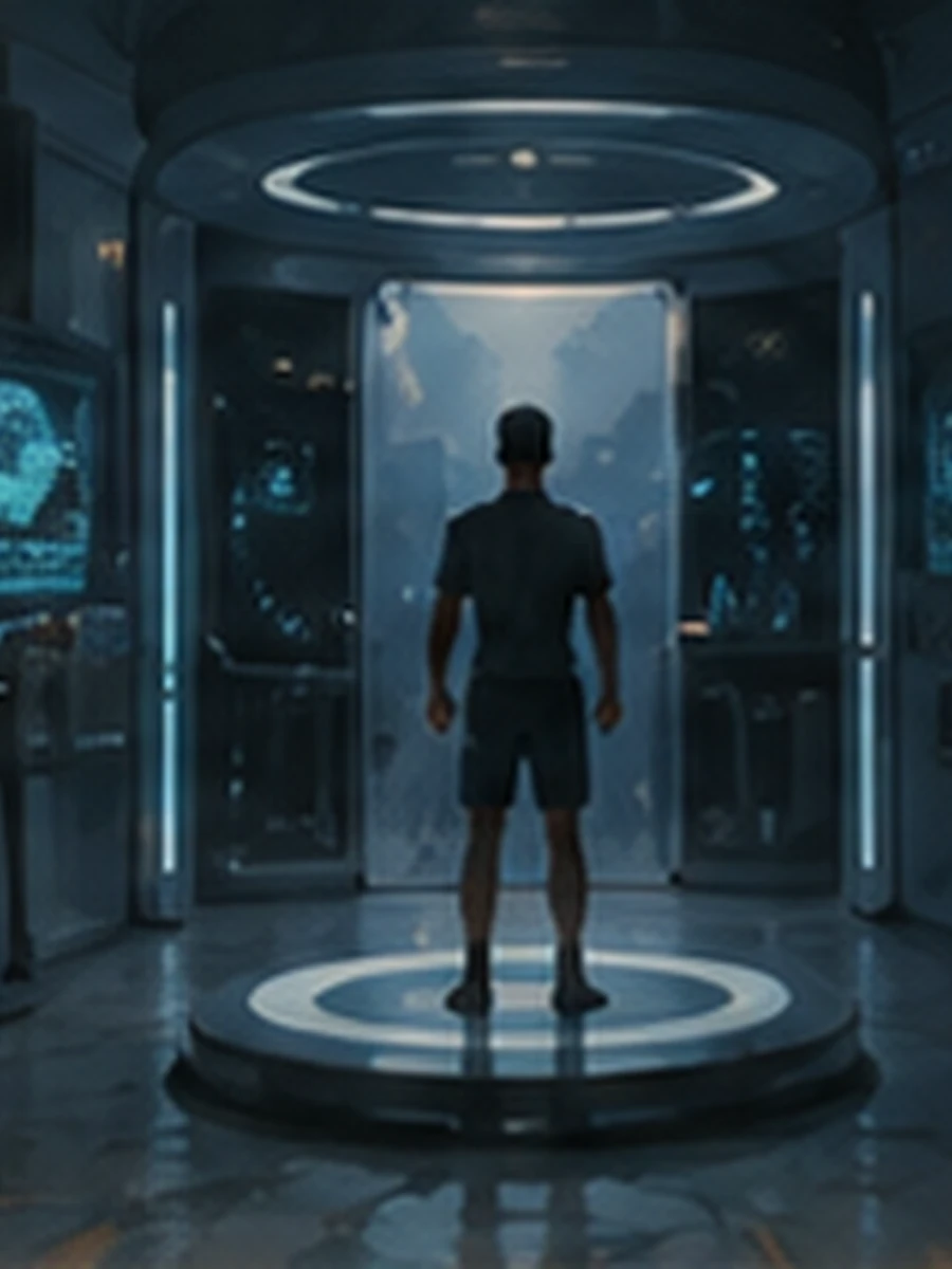 A person standing inside a futuristic biomarker chamber